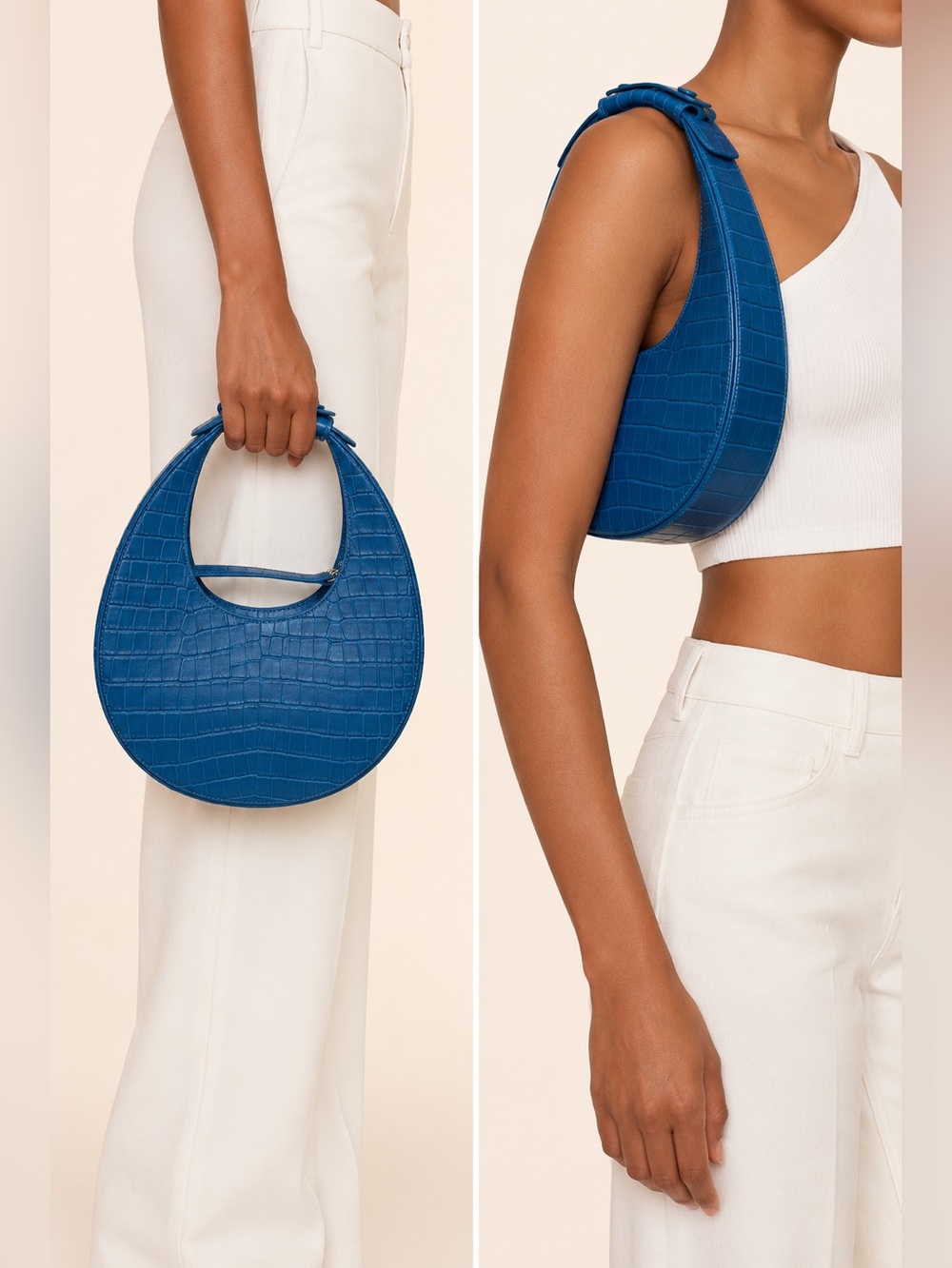 STAUD Mini Moon Bag Island Blue Croc Embossed Leather Crossbody